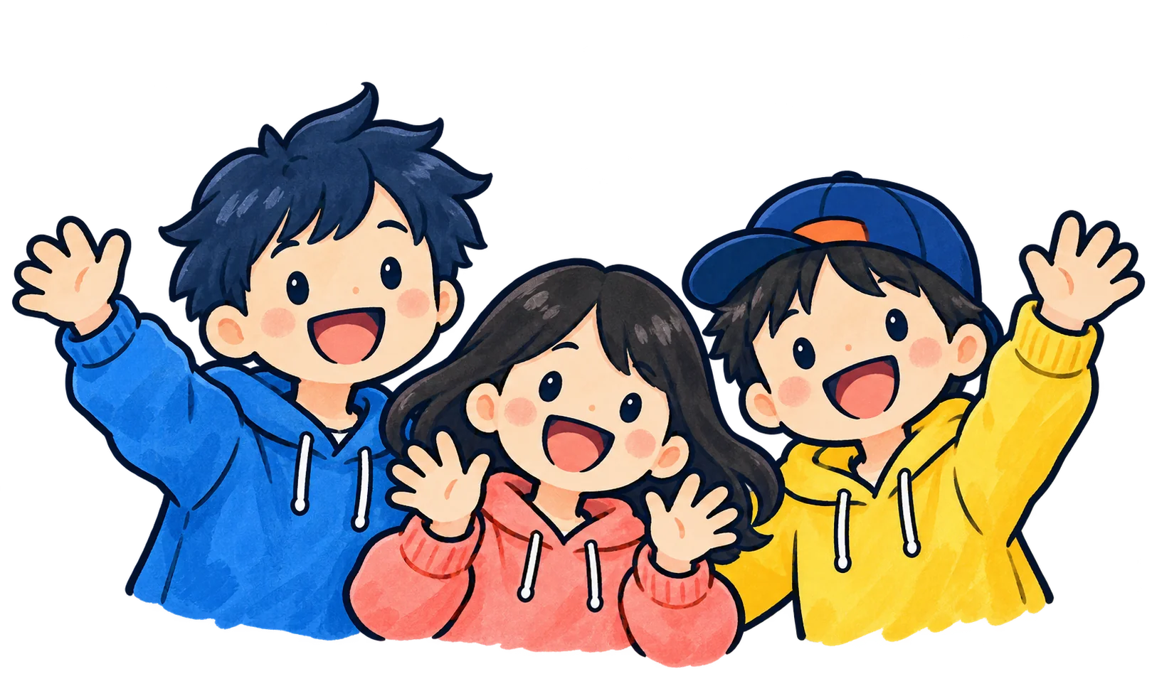 笑顔で手を振る3人の子どもたちのイラスト